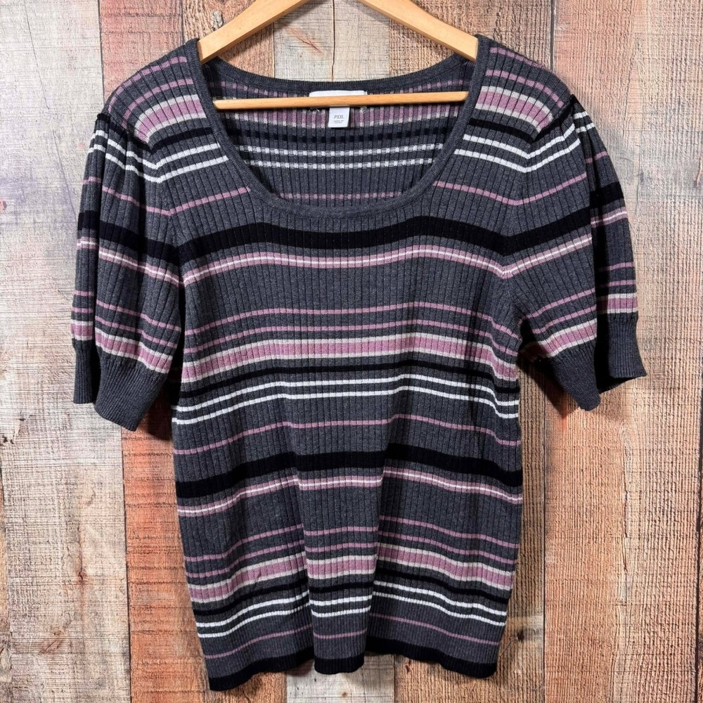 Liz Claiborne Petite Plus 2X XXL Gray Pink Striped Ribbed Scoop Neck Knit Top